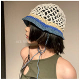 DAIIIBABYYY  -  Mori Girl Bucket Hat Japanese Hand-woven Hollowed-out Contrasting Fisherman's Cap Sweet and Cute Lace-up Straw Beach Caps