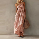 Daiiibabyyy  Cotton Linen Casual Pocket Solid Long Dress Elegant Draped Hight Waist Women Dress Sleeveless Slanted Shoulder Loose Party Dress