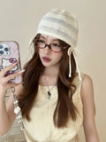 Daiiibabyyy  Ins Cute Bow Strap Knitted Beanies Cap Y2K Spring and Autumn Travel Thin Breathable Versatile Casual Sweet Woman's Hats