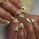 Daiiibabyyy  24Pcs Short French Almond Press on Fake Nails Green Check Design False Nails Lemon Cherry Pattern Reusable Full Cover Nails Tips