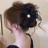 Daiiibabyyy  1PC Mesh Bow Round Bead Hair Clip for Women, High-End Feeling, New Style, Back of Head Hair Clip, Shark Clip Hair Accessory