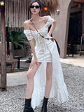 Daiiibabyyy Y2K Long Dresses for Women Puff Sleeve Lace-up A-line Off Shoulder Club Party Dress Summer New Korean Chic One Piece Vestido