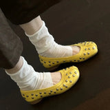 Daiiibabyyy  Genuine Leather Retro Rivet Split-toe Horseshoe Shoes Women Pumps Ballet Style Fashion Tabi Low Heeled Casual Loafers Lazy Shoes