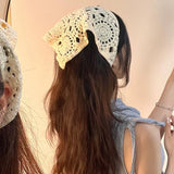 Daiiibabyyy  French Hollow Triangle Headband Towel For Women Beige Crochet Headbands Bandana Summer Travel Literary Photo Hair Scarf Bands