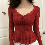 Daiiibabyyy  Sexy Y2k Lace Flower Slim Fit Tshirts for Women 2026 Ropa Mujer V Neck Bandage Cropped Tops Korean Fashion Flare Sleeve T-shirt