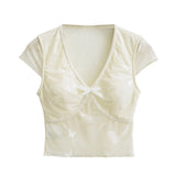 DAIIIBABYYY  -  Spicy Girl Retro Mesh See-through Bow V-neck Flying Sleeves T-shirts Women's Summer Pure Desire Style Butterfly Pullover Tops