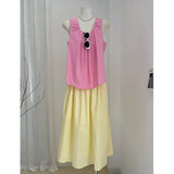 DAIIIBABYYY  -  Women Girlish Feeling Pink Sling Vest Yellow A-word Half Length Skirt Summer Fashion New Dopamine Contrasting Colors Suit
