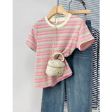 Daiiibabyyy  Summer Fre Sle Women's Striped ort Sve T-irt Korean Version Regular Cotton Comfortable oulder Length Top