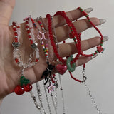 DAIIIBABYYY  -  Korean Fashion Retro Goth Beaded Cherry Pendant Necklace For Women Egirl Aesthetic Grunge Y2k 90s Jewelry Accessories