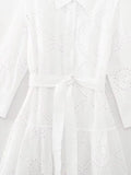 DAIIIBABYYY  -  New Spring Fashion Solid Color Shirt Collar Hollow Out Panel Button Long Sleeve Temperament Commuter Embroidery Midi Dress