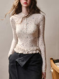 Daiiibabyyy  New French Style Double Layered Lace Hem Round Neck Slim Fit Design Printed Top Women Base Outer T-shirt
