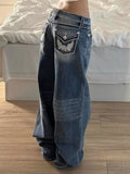 Daiiibabyyy  Vintage Embroidery Jeans Women Y2k Harajuku Baggy Blue Washed Denim Trousers Retro Streetwear High Waist Wide Leg Jeans