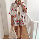Daiiibabyyy  Cotton Linen Casual Summer Outfit Fashion Lapel Button Shirt & Short Pant Suit Women Fashion Pattern Print Half Sleeve Loose Set