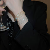 Daiiibabyyy  Diamond-inlaid Pearl Multi-layer Open Bangles  for Women European American Exquisite Temperament Bracelet Light Luxury Jewelry