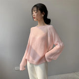 Daiiibabyyy   -  Sexy Transparent Hollow Out Women Sweaters Round Collar Long Sleeve Loose Thin Knitted Pullovers Candy Color Tops
