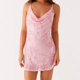 Daiiibabyyy  Women Summer Fashion Sleeveless Swing Collar Back Bandage Mini Dresses Flower Sequins Beaded Embroidery Cowl Neck Cami Dress