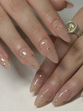Daiiibabyyy  10 pieces of pure handcrafted almond-shaped nude nail art with golden cross starburst, simple, fashionable and elegant detachabl