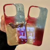 Daiiibabyyy  Vortex Pattern IND Splicing Color Block Phone Case with 3D Sausage Dog for iPhone  11 12 13 14 15 16 17 Pro Max