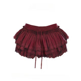 DAIIIBABYYY  -  Ballet Girl Style Wine Red Cake Skirt Lace Splicing Half Body Skirt Puff Ultra Short Pants Solid Elegant Half Dress Streetwear