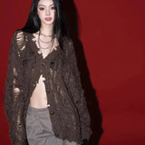 Daiiibabyyy  Hollow Out Knitted Cardigan Women V Neck Hole Y2K Streetwear Loose Sweaters Lazy Wind Long Sleeve Fall Vintage Hottie Sexy Tops
