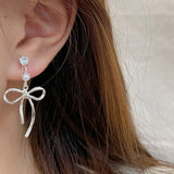 DAIIIBABYYY  -   Korean Fashion Ballet Ribbon Bow-knot Drop Earrings Women INS Silver Plated Pearl Rhinestone Bow Tassel Earring Jewelry