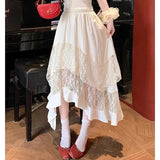 Daiiibabyyy  Irregular Sweet Lace Midi Skirt Women High Waisted Ruffled Pleated Skirt Preppy Style Summer Vacation Beach Tiered Cake Skirt