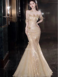 Daiiibabyyy  Golden Woman Evening Dress Luxury Sexy Tube Top Butterfly Sequin Backless Mermaid Pleated Lady Banquet Party Wedding Bride Gown