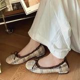 Daiiibabyyy  Women New Single Shoes Round Toe Bow Detail Check Pattern Patchwork Sole Thick Heel Lightweight Street Flat Footwear