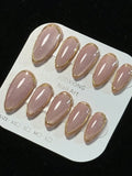 Daiiibabyyy  10 pieces of pure handmade almond-shaped purple glitter cat eye nails with golden circle outlines, simple, fashionable and