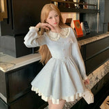 Daiiibabyyy  New Autumn Long Sleeve Tweed Midi Dress Elagant Female Peter Pan Collar Princess Dress Vintage Lace Patchwork Party Dress