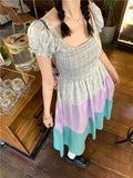 Daiiibabyyy Y2K Plaid Patchwork Midi Dresses for Women Puff Sleeves Square Collar New Summer Boho Holiday Dress Korean Fashion Vestido Mujer