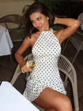 Daiiibabyyy  Chic Backless Polka Dot Halter Dress Women Sleeveless Off Shoulder Lace Up Slim Short Dresses Lady New Daily Party Vestidos