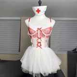 Daiiibabyyy  Sexy Maid Costume Set Halloween Sweetheart Nurse Lace Strap Mesh Pure Desire Puffy Skirt Two-Piece Suit for Women