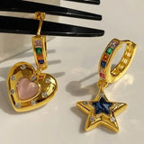 Daiiibabyyy  Vintage Heart Star Zircon Drop Dangle Earrings for Women Girl Y2K Asymmetric Pentagram Love Fashion New Jewelry Lady Gift Party