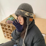 Daiiibabyyy  Japanese Ethnic Style Jacquard Knitted Ear Protection Beanie Cap for Men and Women Winter Warm Versatile Lace-up Bomber Hats