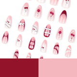 DAIIIBABYYY  -  24pcs Red Cherry Fake Nails French Almond Press on Nails with white Bow Decor Full Cover Wearable False nail Tips For Women