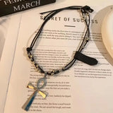 Daiiibabyyy  Punk Gothic Metal Cross Pendant Black Rope Long Sweater Chain Necklaces For Women Men Y2K Vintage Grunge 90s Jewelry Rock Gifts