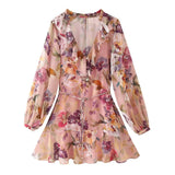 Daiiibabyyy  Ruffles V neck Floral Print Chiffon Full Sleeve Dress Woman Ball Tassel Lacing up Bow Waist Mini Summer Dresses Femme Robe