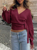 Daiiibabyyy  Woman Cardigan Sweater V Neck Solid Color Knit Long Sleeve Tie Waist Open Front Cropped Light Gray Women's Sweater Elegant