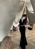 Daiiibabyyy  French Elegant Heavy Work Handmade Rhinestone Dress Women Velvet Sexy Slim Long Dress Evening Gown Fashion High Waist V-Neck
