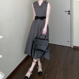 DAIIIBABYYY  -  Women's New French Round Neck Grey Dress Two Sided Wear Style Summer Butterfly Knot Waist Design Sleeveless Ankle-Length Dresses