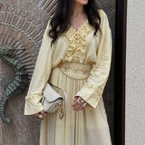 Daiiibabyyy  2025 Elegant Sexy Chiffon Summer Tops Pleated Ruffles Trim V-neck Long Sleeved Sheer Loose Shirts Blouse Holiday Streetwear