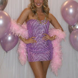 DAIIIBABYYY  -  Sexy Sequined Dresses for Women Off the Shoulder Off the Shoulder Mini Length Elegant Ladies Birthday Party Dinner Club Dress