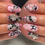 Daiiibabyyy  24pcs Y2k Almond Fake Nails Colorful Stripes French Style False Nail Metal Star Pearl Decor Press On Nails Spicy Girl Manicure