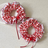 Daiiibabyyy  1PC Red And White Plaid Scrunchie With Lace Trim And Heart Button,Cute Hair Accessory For Women, Stylish Hair Tie For Daily Wear