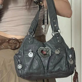 Daiiibabyyy  Y2Kwomen Large Capacity Single Shoulder Crossbody Bag Retro Motorcycle Street Trend Sweet Cool Style Mixed With Rivet Decoration