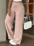 Daiiibabyyy  Women's Pants High Waist Drawstring Trousers Cropped Multi Pocket Wide Leg Pants Pink Black Straight Cut Floor Length Pants