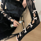 Daiiibabyyy  Y2K Velvet Bow Lace Fingerless Arm Sleeves Women Sheer Glovelettes for Hot Girl Summer Style Fashion Lace Trim Bolero Gloves