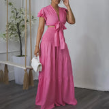 DAIIIBABYYY  -  Women 2 Pieces Skirts Sets Solid Blouse Short Sleeve Deep V Neck & Long SKirts Loose Floor Length Elegant Birthday Party Clothes