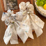 Daiiibabyyy  1PC Chiffon Scrunchies with Bow & Pearl: Watercolor Print Hair Ties for Women, Elegant Hair Accessories for Daily & Party Looks